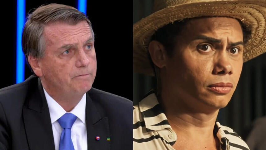 Bolsonaro no Jornal Nacional, em montagem com Silvero Pereira, como Zaquieu, em cena da novela Pantanal