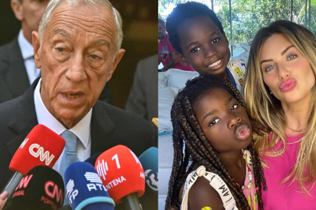 Presidente de Portugal Marcelo Rebelo de Sousa de palitó preto e gravata azul durante entrevista; Giovanna Ewbank abraçada de camisa rosa, fazendo bico, abraçada com os filhos Titi e Bless