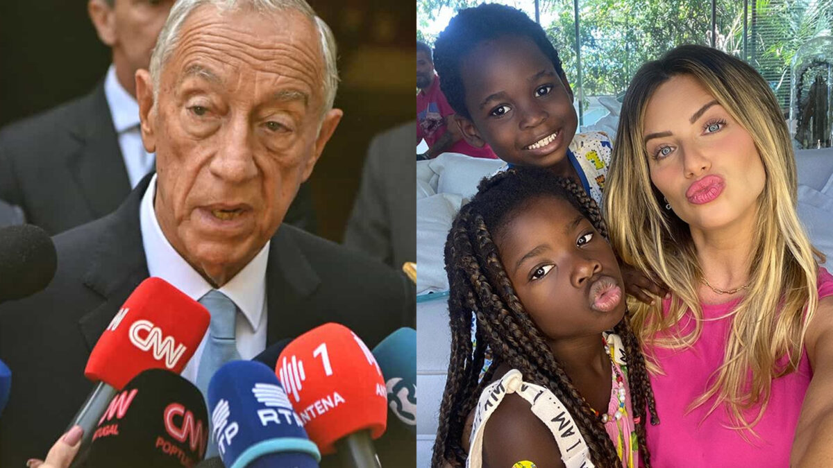 Presidente de Portugal Marcelo Rebelo de Sousa de palitó preto e gravata azul durante entrevista; Giovanna Ewbank abraçada de camisa rosa, fazendo bico, abraçada com os filhos Titi e Bless
