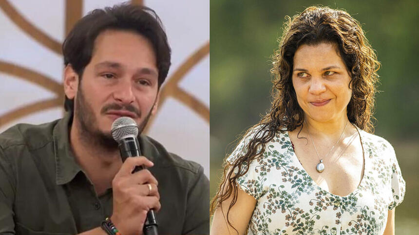 Bruno Luperi participando do Encontro, montagem com a personagem Maria Bruaca em Pantanal, interpretada pela atriz Isabel Teixeira