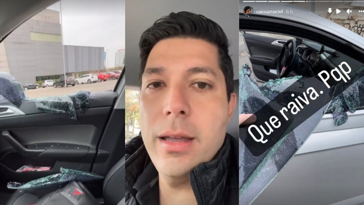 Prints dos stories de Caio Maciel mostrando os estragos no seu carro após a tentativa de assalto