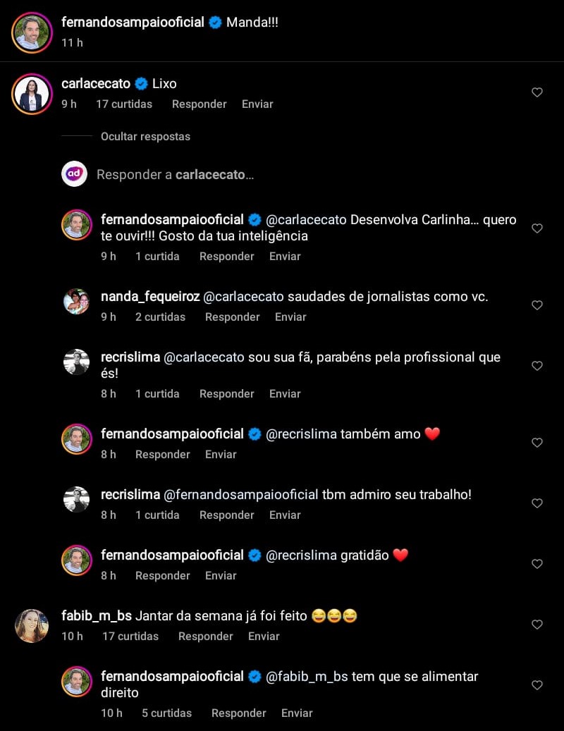 Print da conversa entre Carla Cecato e Fernando Sampaio nos comentários de uma publicação no Instagram