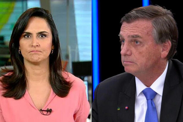 Carla Cecato, nos antigos estúdios do Fala Brasil (Record TV), em uma montagem com Jair Bolsonaro na bancada do Jornal Nacional