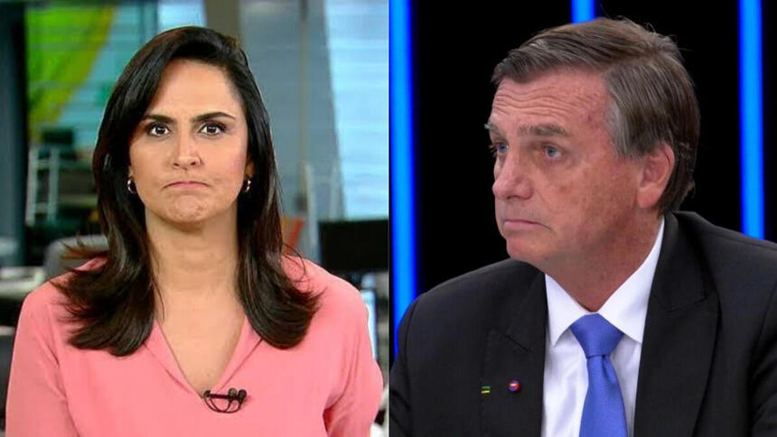 Carla Cecato, nos antigos estúdios do Fala Brasil (Record TV), em uma montagem com Jair Bolsonaro na bancada do Jornal Nacional