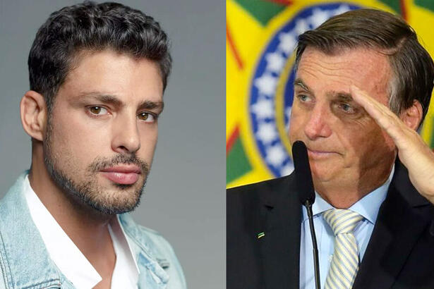 Cauã Reymond de jaqueta jeans e camisa branca, semblante sério durante ensaio fotográfico; Bolsonaro de paltió preto, gravata cinza e camisa social azul, fazendo continência durante discurso no congresso