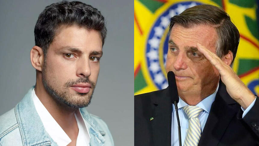 Cauã Reymond de jaqueta jeans e camisa branca, semblante sério durante ensaio fotográfico; Bolsonaro de paltió preto, gravata cinza e camisa social azul, fazendo continência durante discurso no congresso