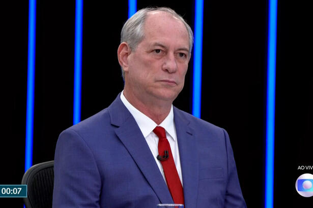 Ciro Gomes de blazer azul, camisa branca e gravata vermelha com semblante sério, sentado durante entrevista no jornal nacional, da TV Globo