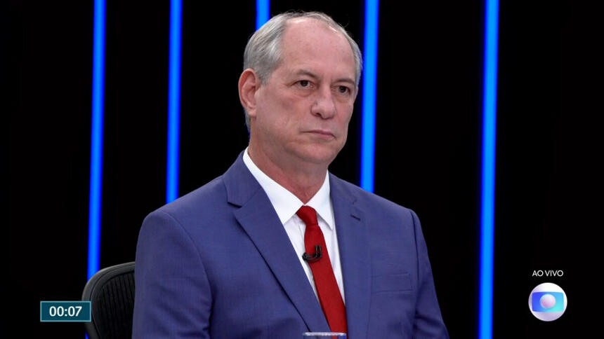 Ciro Gomes de blazer azul, camisa branca e gravata vermelha com semblante sério, sentado durante entrevista no jornal nacional, da TV Globo