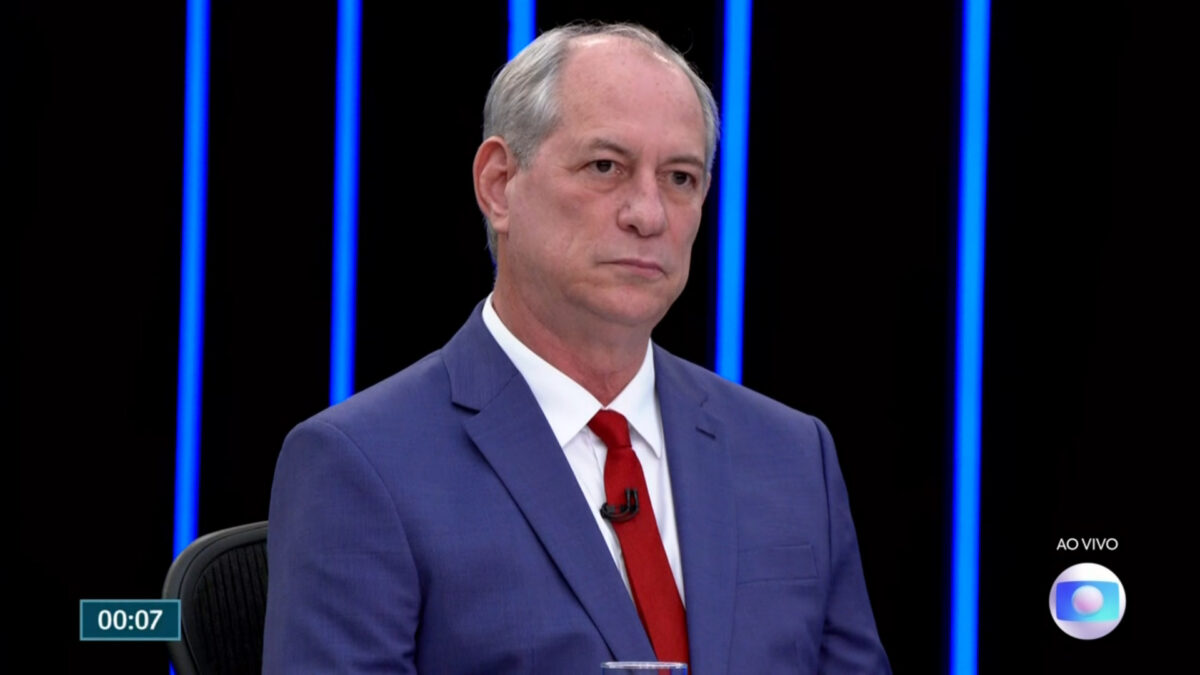 Ciro Gomes de blazer azul, camisa branca e gravata vermelha com semblante sério, sentado durante entrevista no jornal nacional, da TV Globo