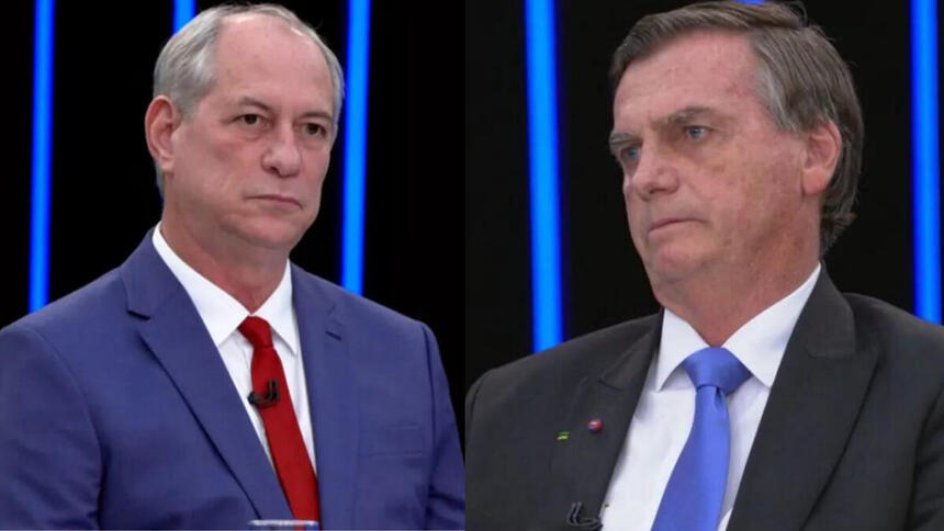 Ciro Gomes e Bolsonaro em uma montagem, ambos em trecho da sabatina no Jornal Nacional