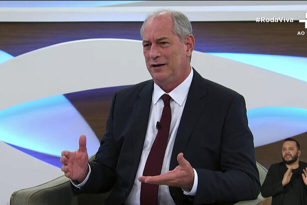 Ciro Gomes de palitó preto, camisa social branco e gravata marrom gesticulando, sentado, durante entrevista no Roda Viva da TV Cultura