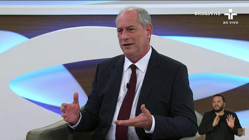 Ciro Gomes de palitó preto, camisa social branco e gravata marrom gesticulando, sentado, durante entrevista no Roda Viva da TV Cultura