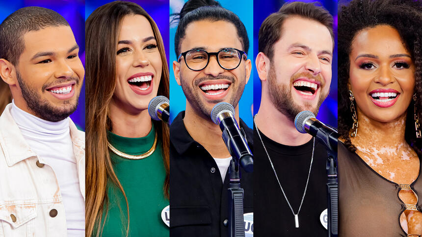 Gustavo Beats, Larissa Tomásia, Luciano Estevan, Natália Deodato e Vyni durante gravação do Programa Silvio Santos, do SBT