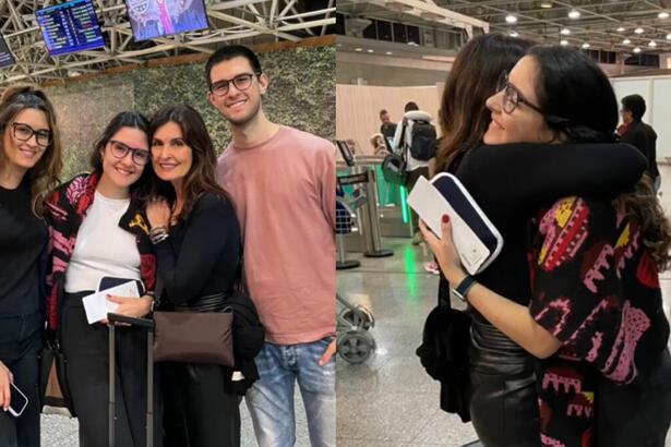 Montagem de fotos de Fátima Bernardes abraçando e se despedindo da filha no aeroporto