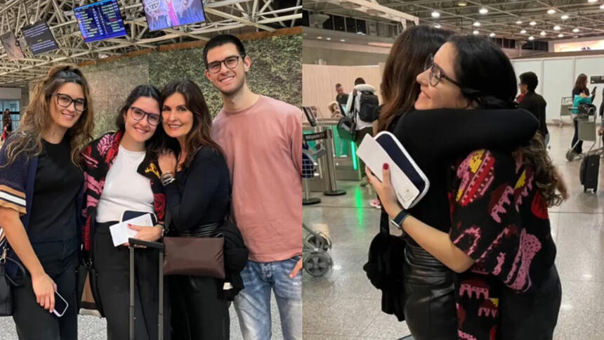 Montagem de fotos de Fátima Bernardes abraçando e se despedindo da filha no aeroporto