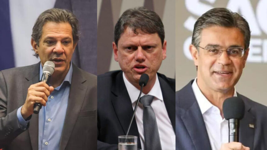 Fernando Haddad, Tárcisio de Freitas e Rodrigo Garcia em uma montagem