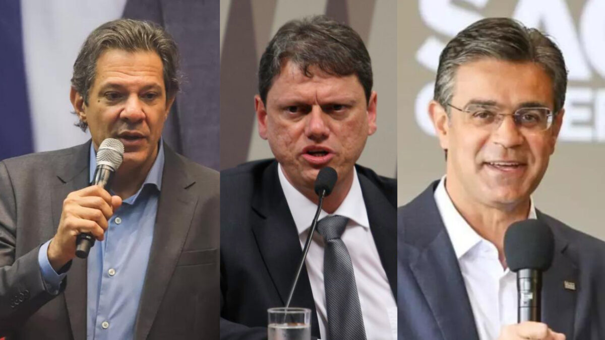 Fernando Haddad, Tárcisio de Freitas e Rodrigo Garcia em uma montagem