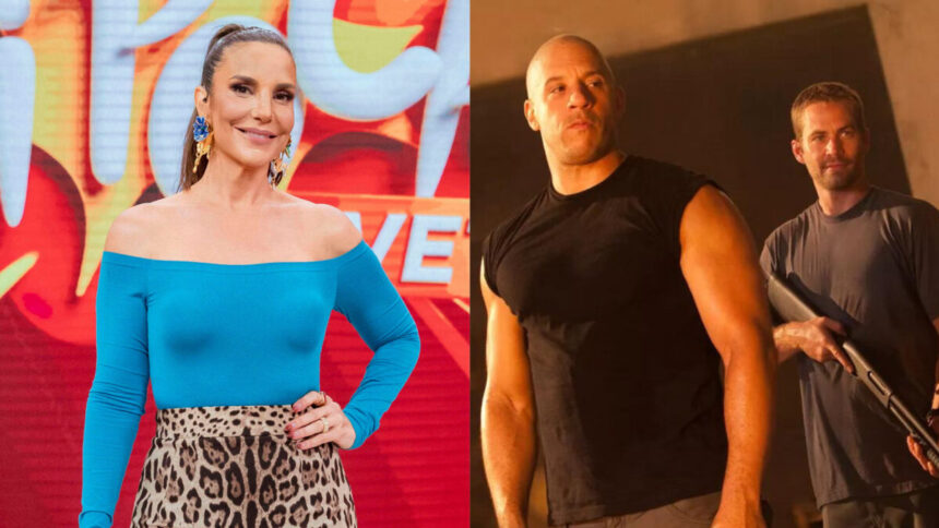 Ivete Sangalo, nos estúdios do Pipoca, em montagem com Vin Diesel em trecho do filme Velozes e Furiosos 5