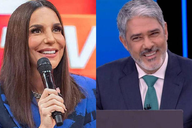 Ivete Sangalo, nos estúdios do Pipoca da Ivete, em montagem com William Bonner, na bancada do Jornal Nacional