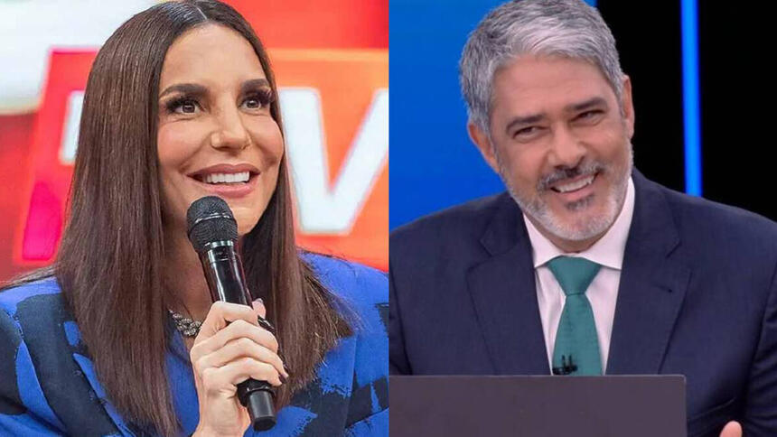 Ivete Sangalo, nos estúdios do Pipoca da Ivete, em montagem com William Bonner, na bancada do Jornal Nacional