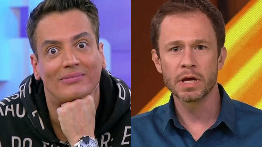 Leo Dias com a mão no queixo, casado preto e olhos arregalados; Tiago Leifert de camisa social azul com expressão tensa