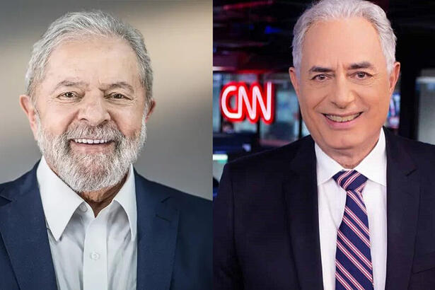 Lula sorrindo, de palitó, gravata para ensaio fotográfico da campanha atual; William Waack sorrindo, de palitó preto, gravata listrada em magenta e ciano, camisa social branca durante gravação de programa na CNN Brasil