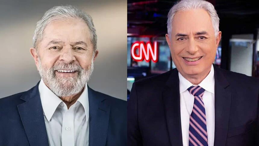 Lula sorrindo, de palitó, gravata para ensaio fotográfico da campanha atual; William Waack sorrindo, de palitó preto, gravata listrada em magenta e ciano, camisa social branca durante gravação de programa na CNN Brasil