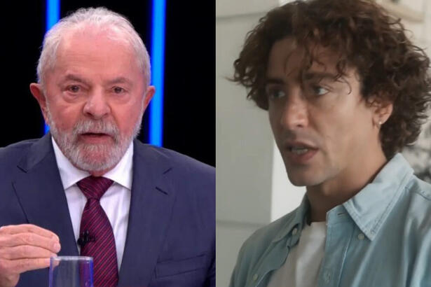 Lula em trecho da sabatina no Jornal Nacional. Montagem com Jove (Jesuíta Barbosa) em trecho de Pantanal