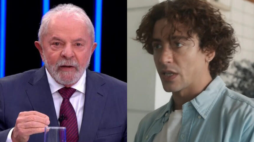 Lula em trecho da sabatina no Jornal Nacional. Montagem com Jove (Jesuíta Barbosa) em trecho de Pantanal