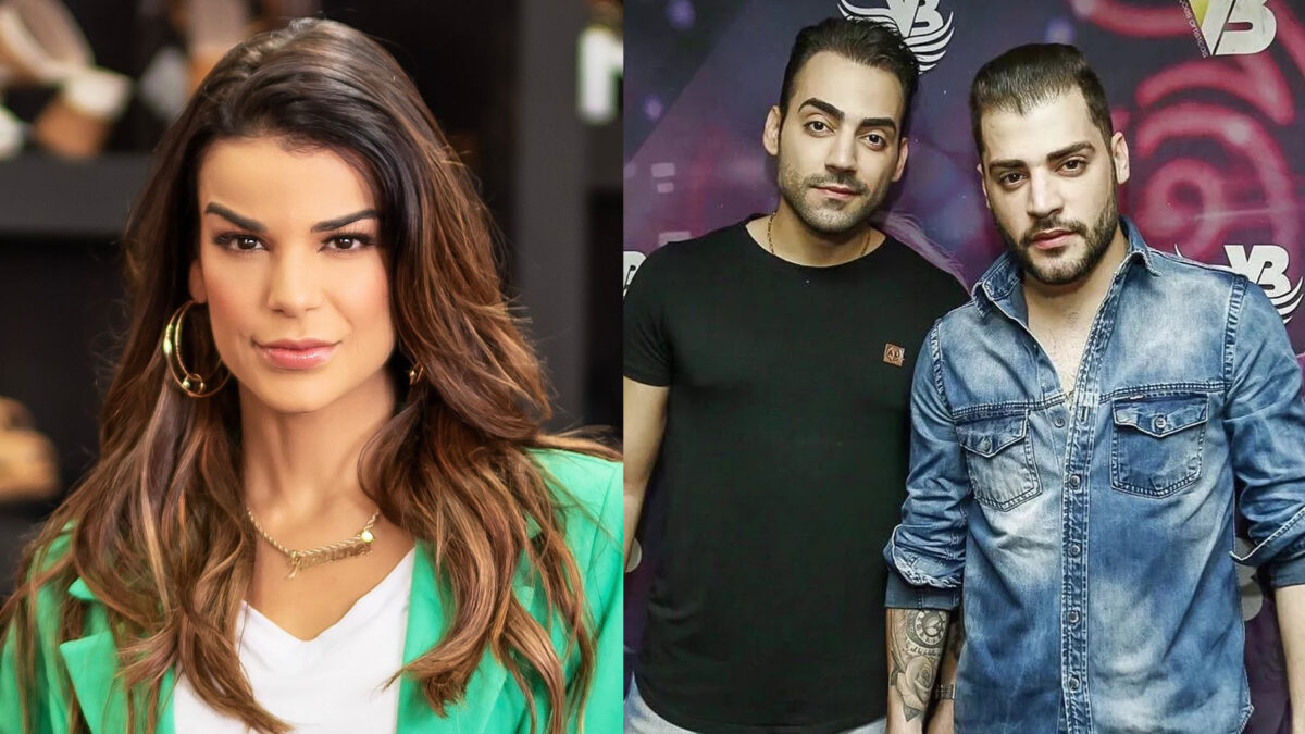 Mari Antunes de jaqueta verde e camisa branca, cabelo solto, semblante sério durante photoshoot; Guilherme de camisa preta e Beruto de jaqueta jeans momentos antes de um show