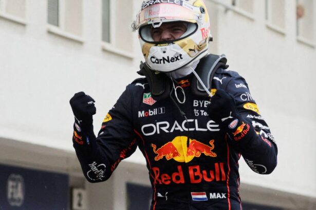 Max Verstappen, ainda com o capacete, celebrando a vitória no GP da Hungria de Fórmula 1