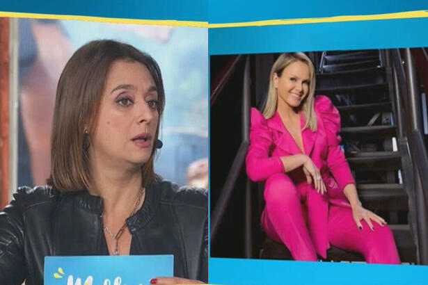 Montagem com Catia Fonseca de boca aberta no cenário do Melhor da Tarde e Eliana nos bastidores do SBT