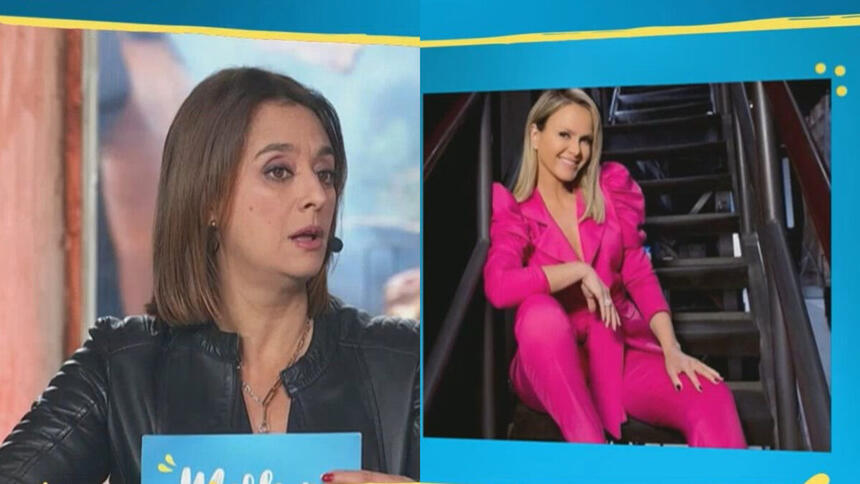 Montagem com Catia Fonseca de boca aberta no cenário do Melhor da Tarde e Eliana nos bastidores do SBT