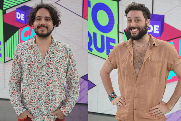 Montagem com George Sauma e Pedroca no palco do Caldeirão com Mion