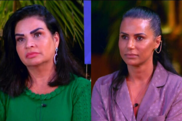 Montagem com Solange Gomes de blusa verde e Jaciara de blusa Lilás na votação do Ilha Record 2