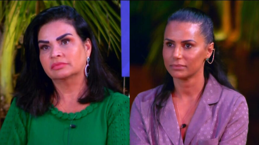 Montagem com Solange Gomes de blusa verde e Jaciara de blusa Lilás na votação do Ilha Record 2