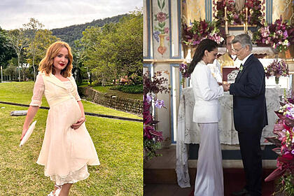 Montagem com Isadora (Larissa Manoela) grávida e o casamento de Violeta e Eugênio no final de Além da Ilusão