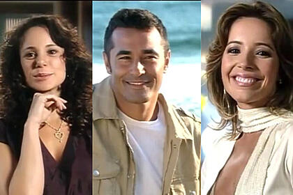 Montagem com Vanessa Gerbelli, Luciano Szafir e Renata Dominguez na apresentação da novela Amor e Intrigas da Record TV