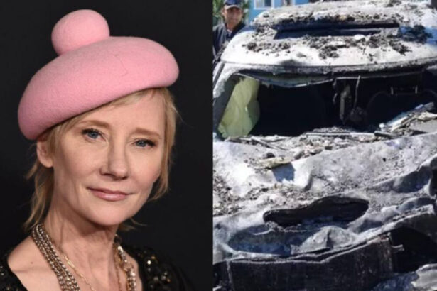 Montagem com Anne Heche e carro carbonizado