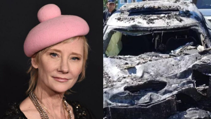 Montagem com Anne Heche e carro carbonizado