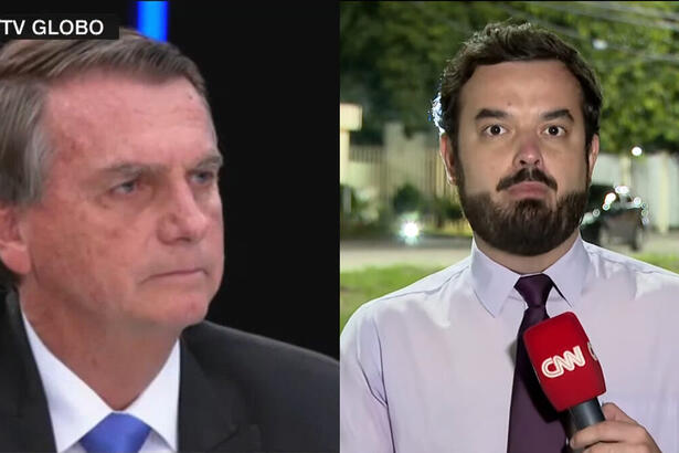 Montagem com trecho da entrevista de Bolsonaro para o JN sendo exibido na CNN Brasil e o repórter Pedro Duran na frente da TV Globo