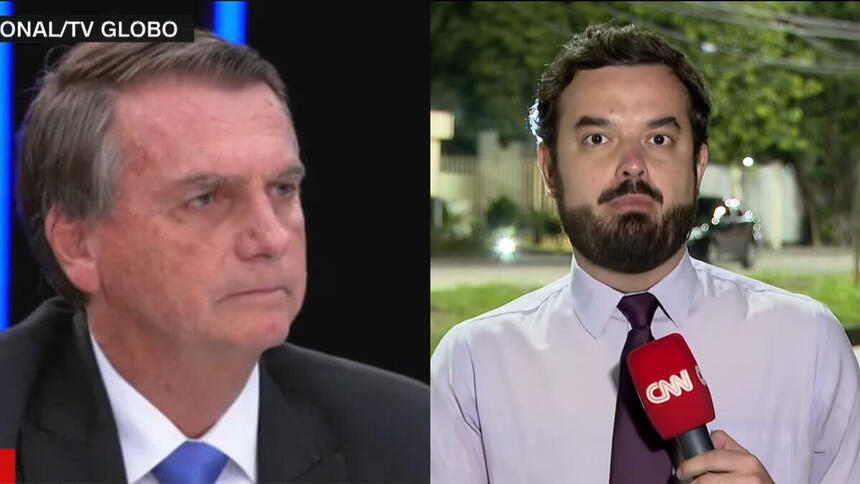 Montagem com trecho da entrevista de Bolsonaro para o JN sendo exibido na CNN Brasil e o repórter Pedro Duran na frente da TV Globo