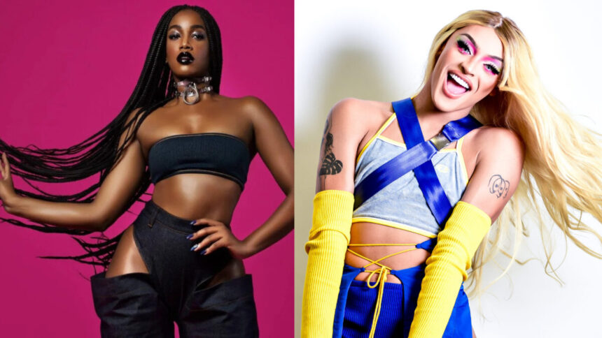 Montagem de Iza com conjunto Jeans e Pabllo Vittar vestindo azul e amarelo. Elas vão participar do La Folie Festival