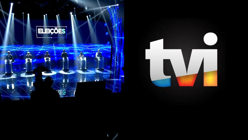 Montagem com o debate na Band e logo da TVI