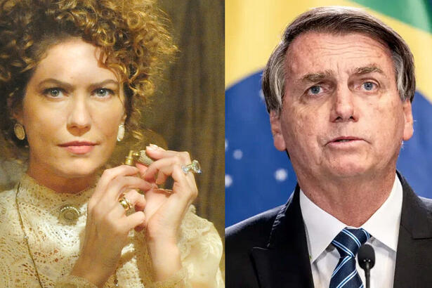 Patricia Pillar de cabelo cacheado preso, com vestido bege, colar e brinco dourados; Bolsonaro de palito preto e gravata azul estampada