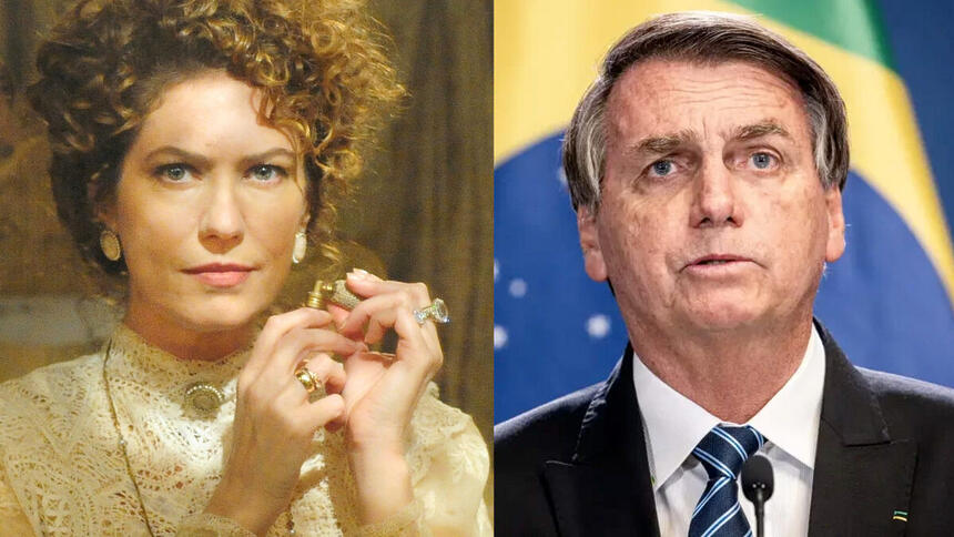 Patricia Pillar de cabelo cacheado preso, com vestido bege, colar e brinco dourados; Bolsonaro de palito preto e gravata azul estampada