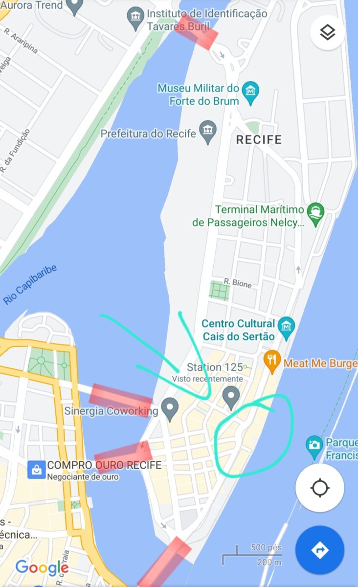 Mapas das pontes do Recife Antigo e local do show de João Gomes