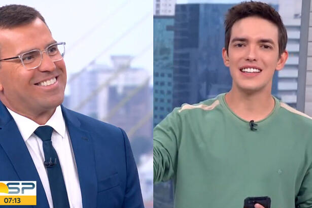 Rodrigo Bocardi e Alessandro Jodar em uma montagem, com trechos do Bom Dia SP