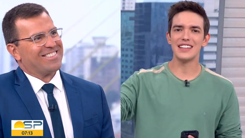 Rodrigo Bocardi e Alessandro Jodar em uma montagem, com trechos do Bom Dia SP