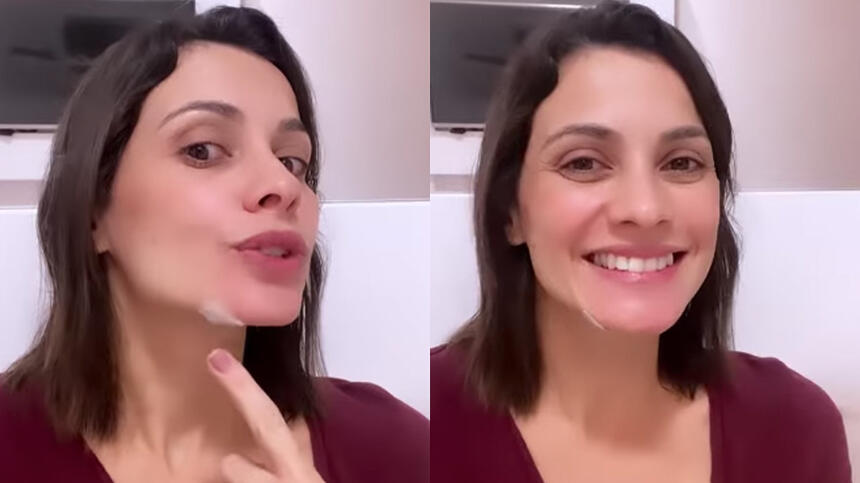 Montagem de Anne Barreto apontando no corte no queiro e sorrindo